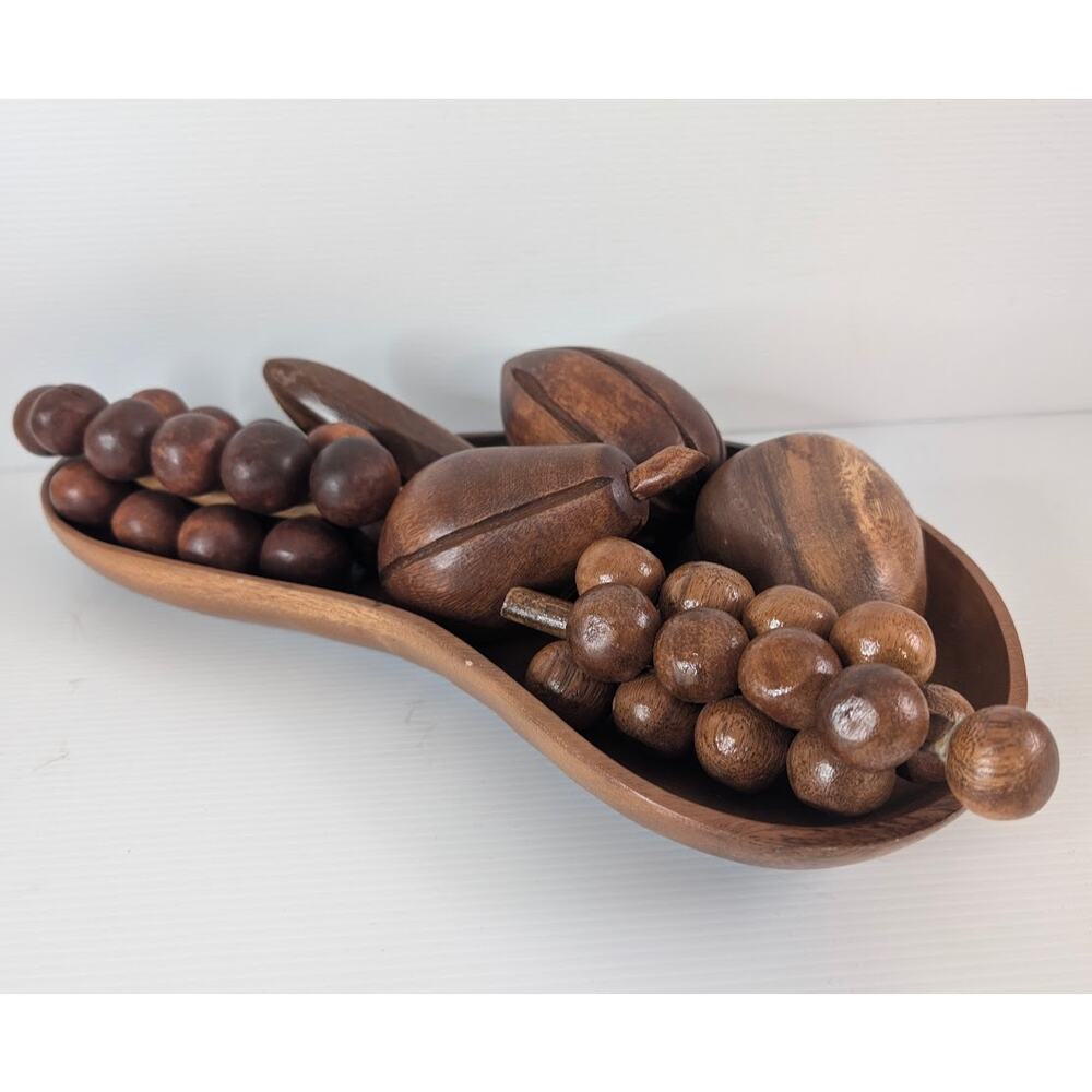 Vintage MCM Monkey Pod Wood Fruit & Bowl Set - 7 Pieces